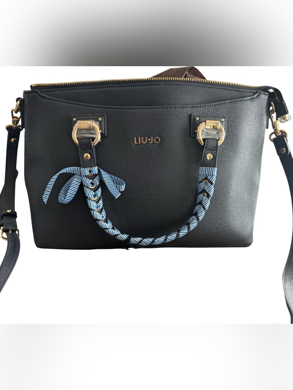 Authentic Liu Jo Manhattan Satchel Bag with Braided Ribbon Handles - Navy Blue